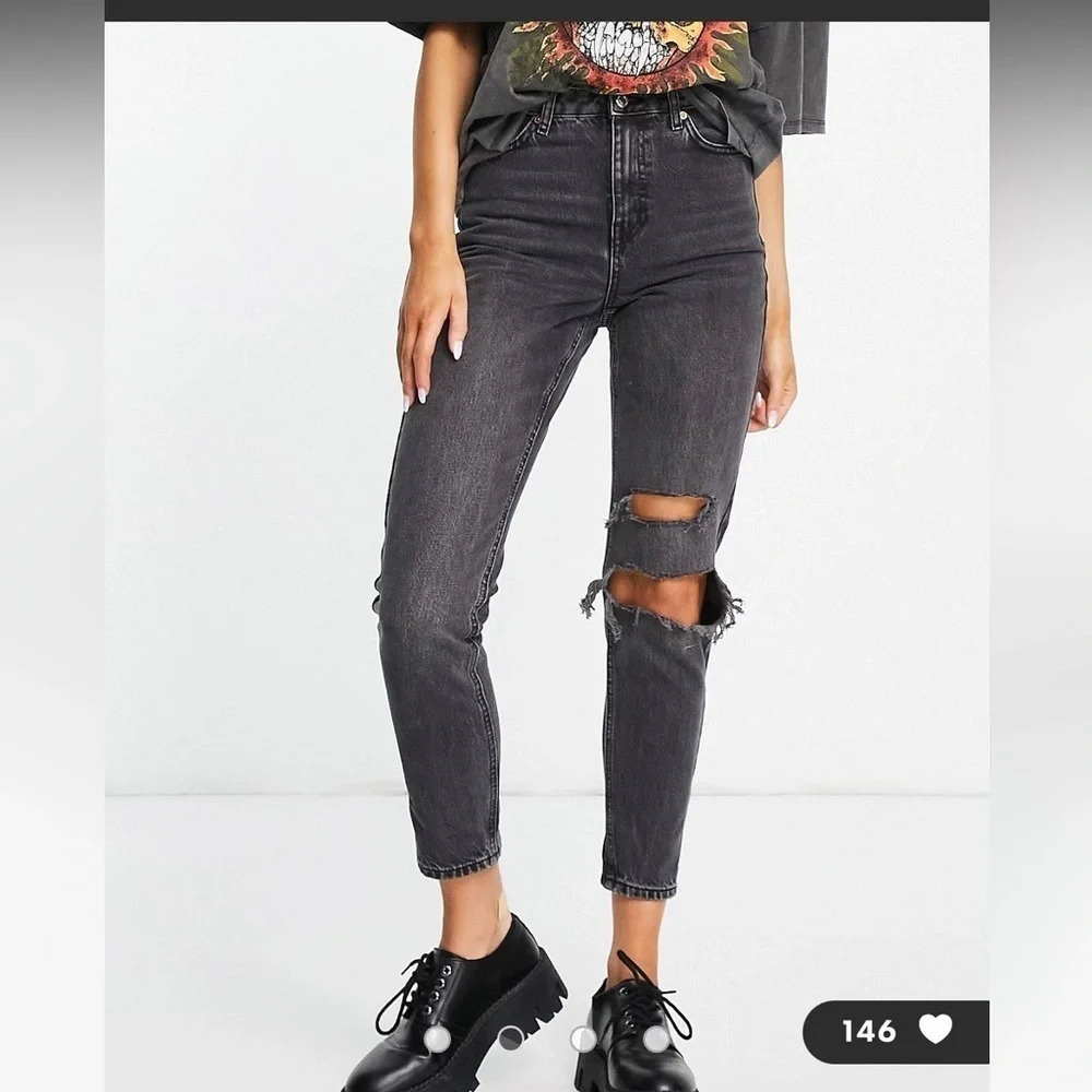 Topshop Mom Jean With Knee Rip In Washed Black